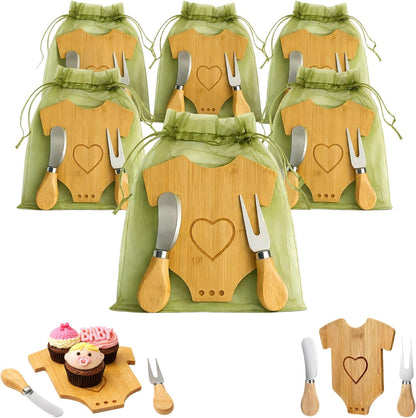 6 Sets Mini Wooden Cheese Board, Baby Shower Favors for Guests, Baby Shower Prizes for Game Winners, Baby Bodysuit-Shaped Bamboo Charcuterie Board Gift Set with Spreader Knife, Fork & Organza Bag