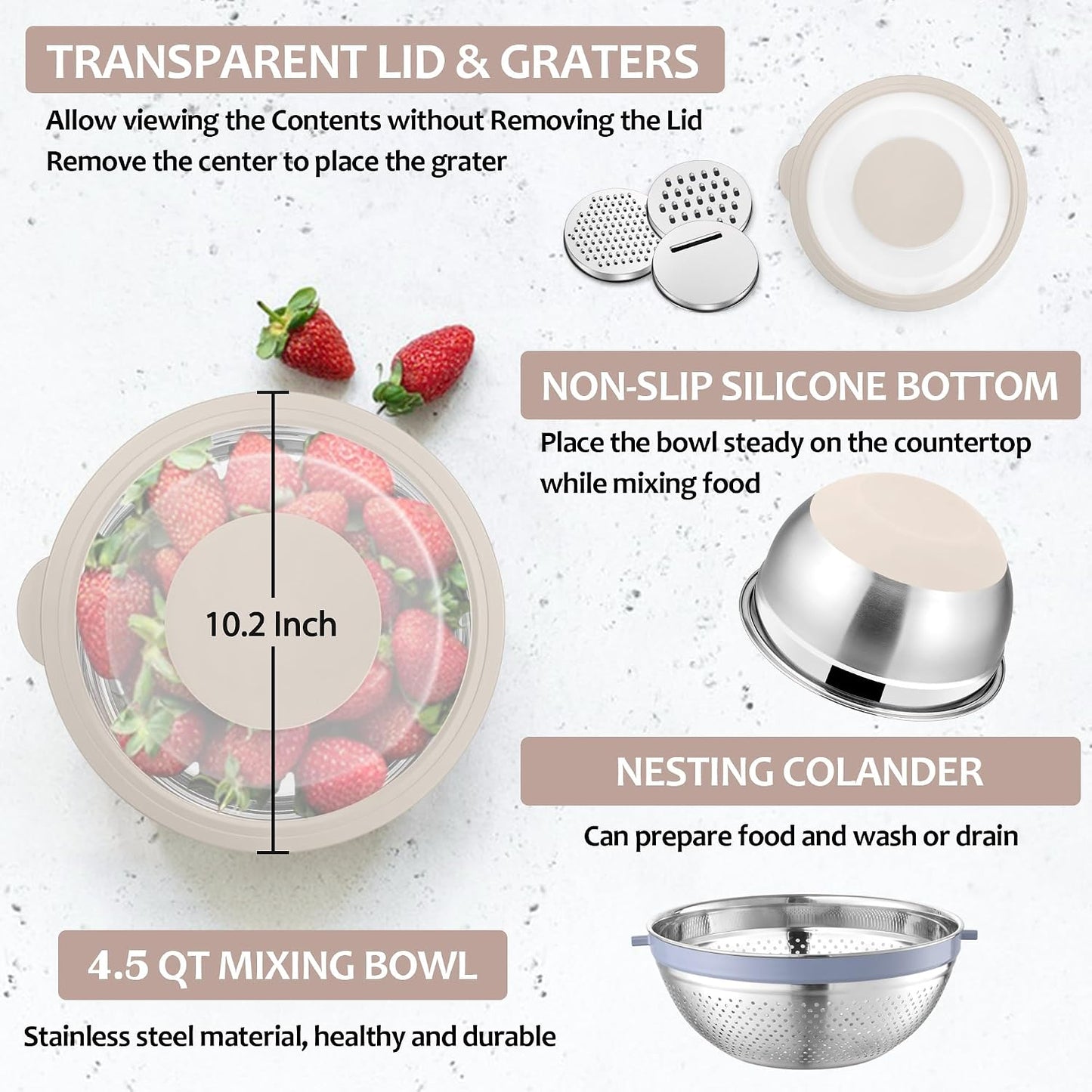 E-far Colander with Mixing Bowl Set, 4-1 Stainless Steel Colander Strainers Bowl with Graters for Kitchen, Rotatable Food Strainer Bowl for Rinsing Fruits Vegetables/Draining Pasta - Black