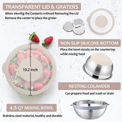 E-far Colander with Mixing Bowl Set, 4-1 Stainless Steel Colander Strainers Bowl with Graters for Kitchen, Rotatable Food Strainer Bowl for Rinsing Fruits Vegetables/Draining Pasta - Black