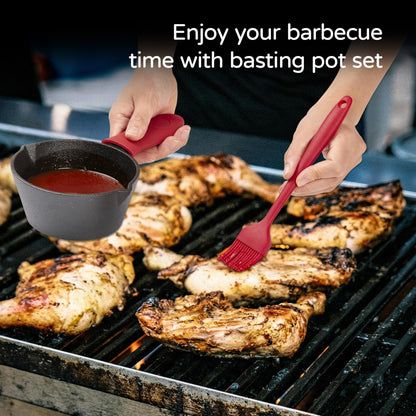 Cast Iron Basting Pot, 15.5 Oz 3 PCS BBQ Sauce Melting Pot Set with Silicone Basting Brush & Handle Cover, Mini Butter Pot for Grilling Smoking Outdoor Grill Accessories