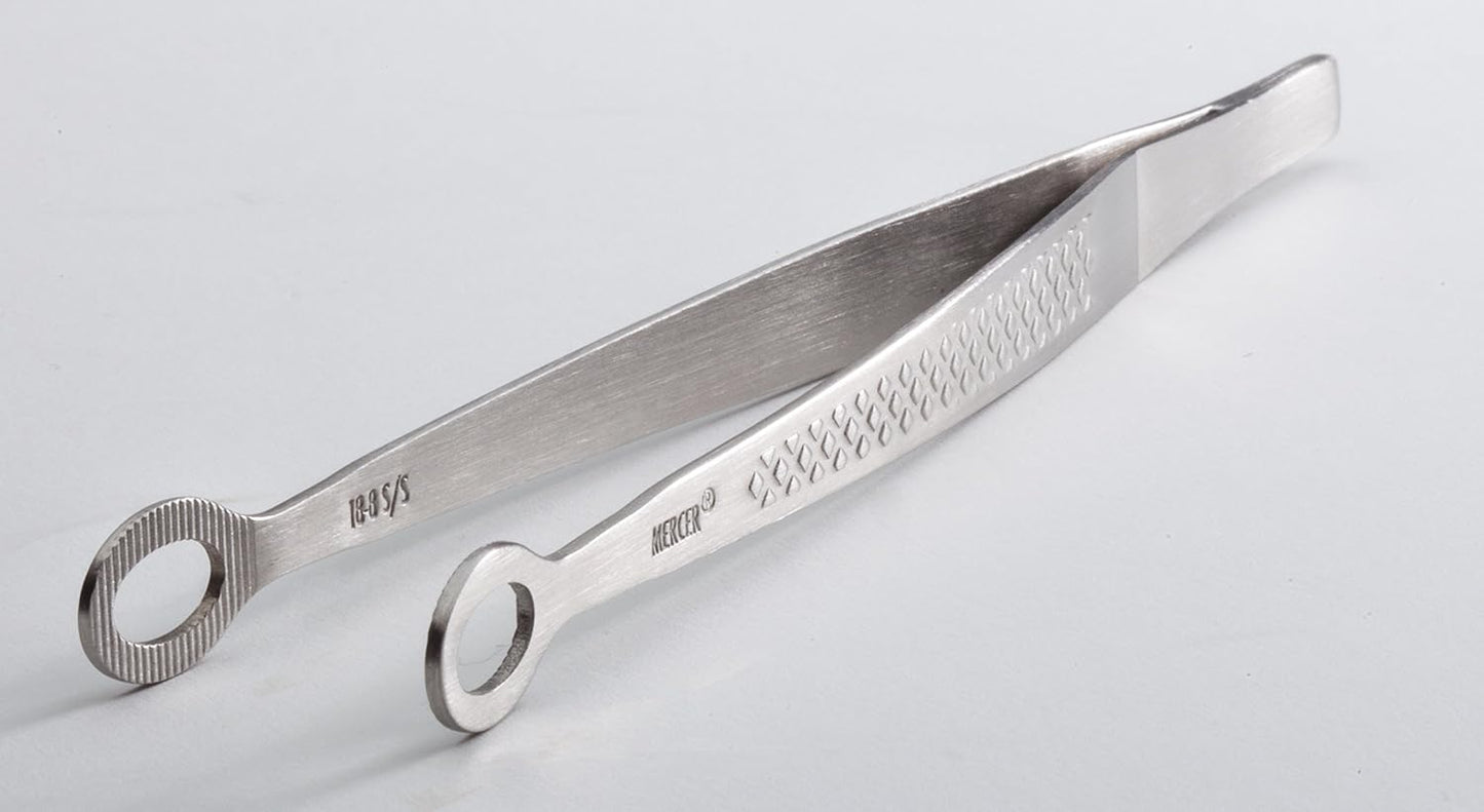 Mercer Culinary 18-8 Stainless Steel Chef Plating Tongs, Offset Tip, 6-1/2 Inch