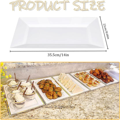 Mwellewm 12 Pcs White Plastic Serving Trays with Gold Rim, 14''x9'' Rectangle Dessert Trays for Dessert Table, Disposable Platters Cookie Cupcake Gold Serving Tray for Birthday Party Wedding
