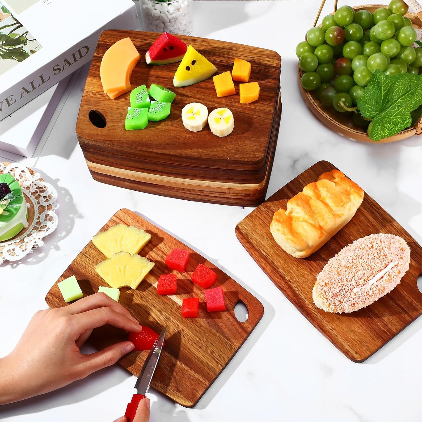 FoldTier 12 Pcs Wood Cutting Boards Bulk 8 x 6 Inch Small Kitchen Charcuterie with Oval Hole Kitchen Serving Chopping Boards for Pizza, Bread, Charcuterie, Fruit, Vegetables(Bamboo)