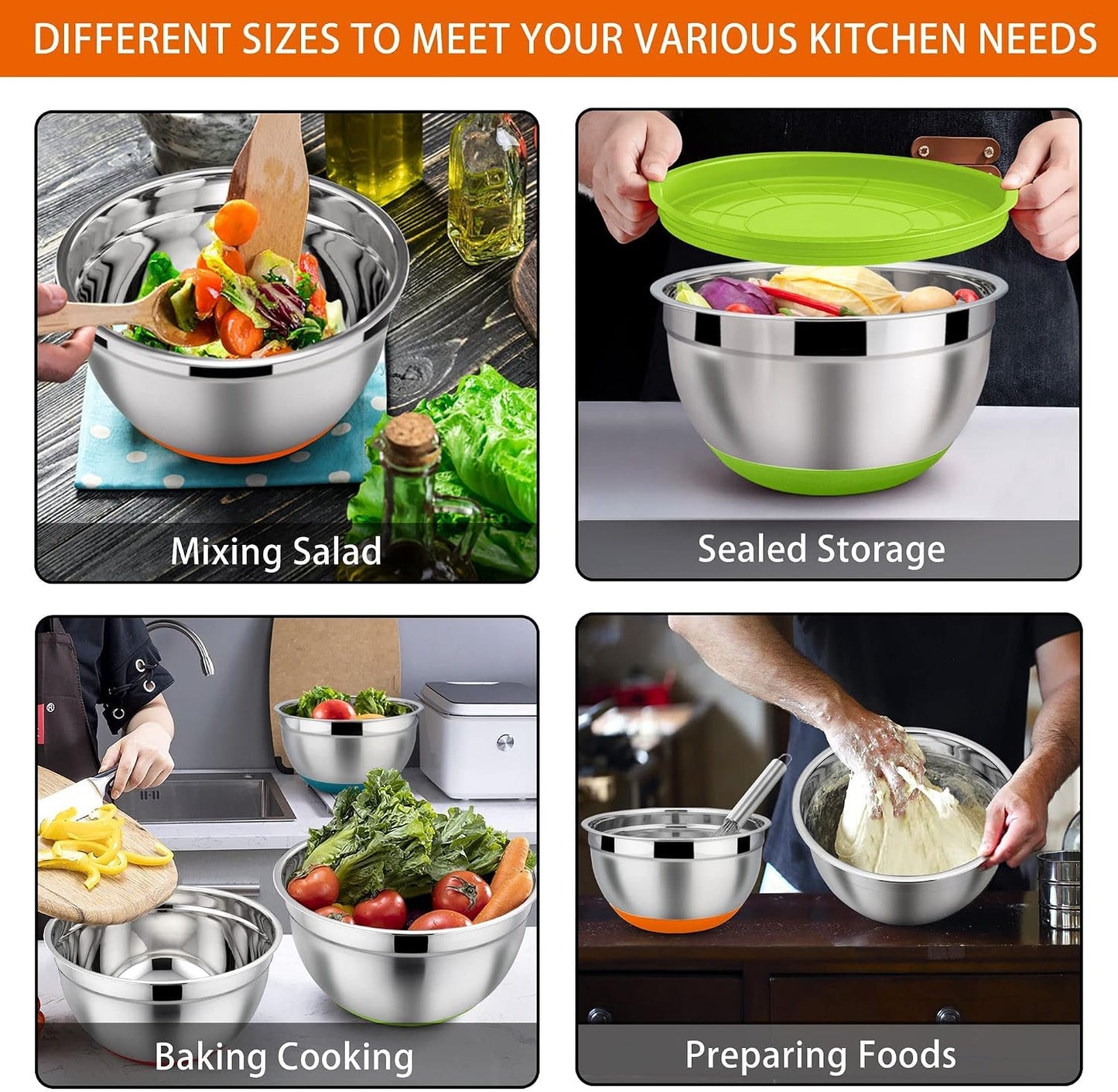 LIANYU Stainless Steel Mixing Bowls Sets of 6, Large 7, 3.5, 2.5, 2, 1.5, 1QT Size with Transparent Airtight Lids, Metal Nesting Serving Bowl Sets for Home Kitchen, Dishwasher & Freezer Safe, Black