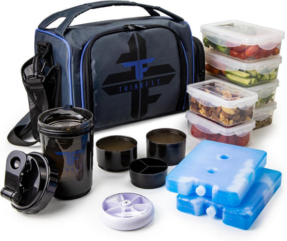 ThinkFit Insulated Meal Prep Lunch Box with 6 BPA-Free, Reusable, Microwavable, Freezer Safe Food Portion-Control Containers, Shaker Cup, Pill Organizer, Lunch Bag with Storage Pocket - (Black)