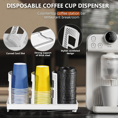Paper Cup and Lid Holder, Disposable Coffee Cup Dispenser, 3-Slot Upright Paper Cup Dispenser for Coffee Stations, Kitchens, Bars, Restaurants, Lounges (Black)