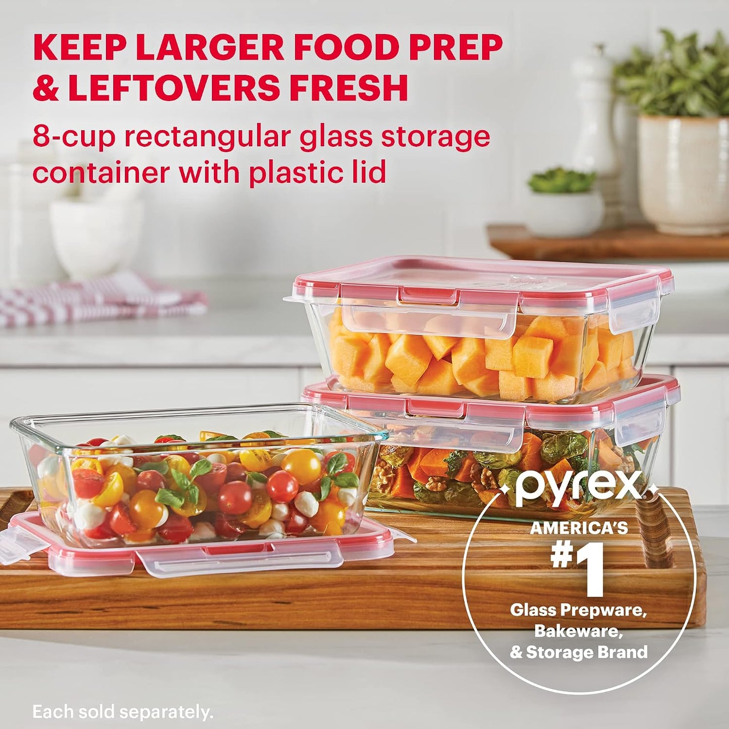 Pyrex Freshlock Glass Food Storage Container, Airtight & Leakproof Plastic Locking Lids, Freezer Dishwasher Microwave Safe, 8 Cup