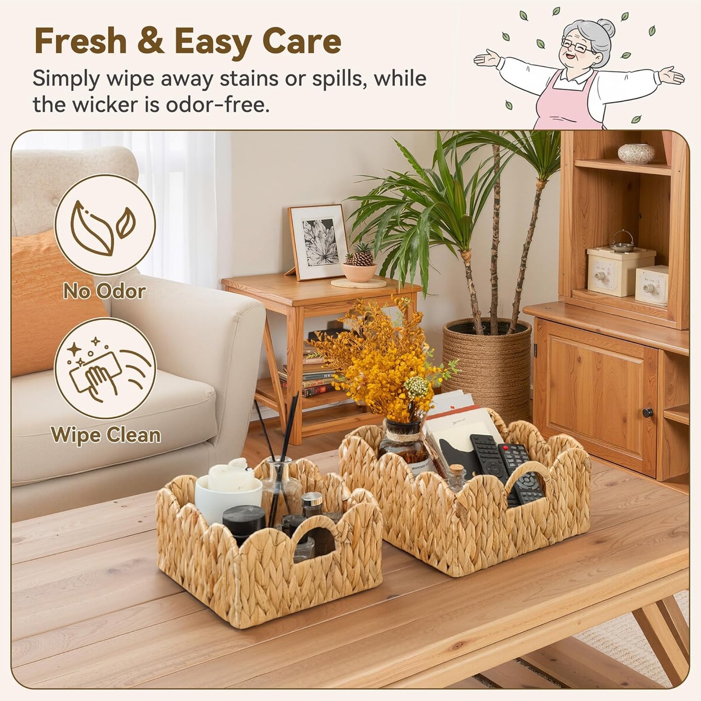 GRANNY SAYS Wicker Storage Baskets for Shelves, Water Hyacinth Basket with Scalloped Edge, Storage Wicker Baskets for Pantry, Large, 2-Pack