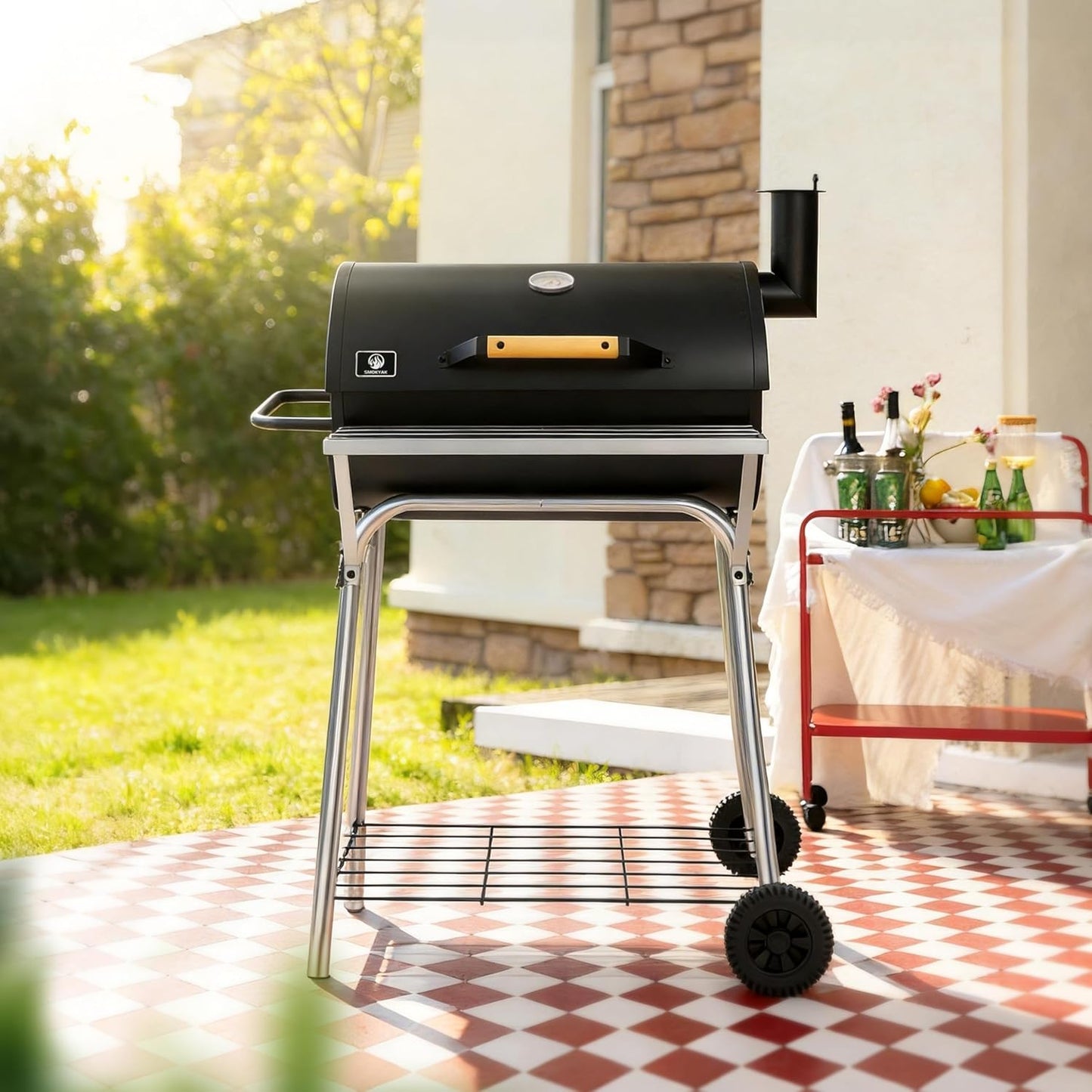 Barrel Charcoal Grill, Outdoor BBQ Smoker, 737 Sq. In. Cooking Area, Adjustable Charcoal Pan, Warming Rack, Front & Side Table, Storage Shelf, Enameled Steel Wire, Backyard, Patio (Large)