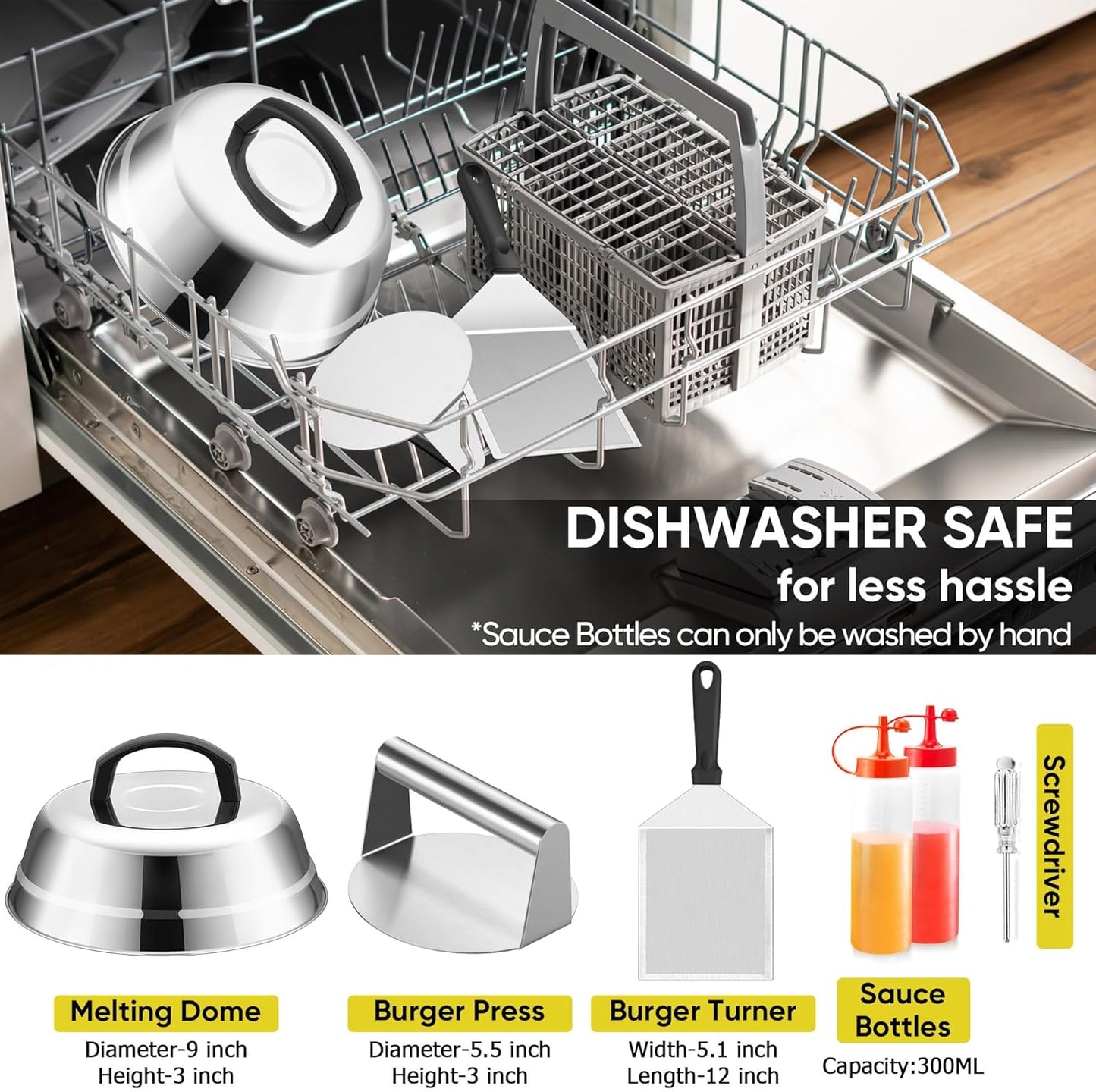 Smash Burger Kit Griddle Accessories (6Pcs), Joyfair 9in Basting Cover with Grill Spatula & Bacon Press Set, Stainless Steel Hamburger Turner, Melting Dome, Patty Press for Outdoor BBQ Kitchen Cooking