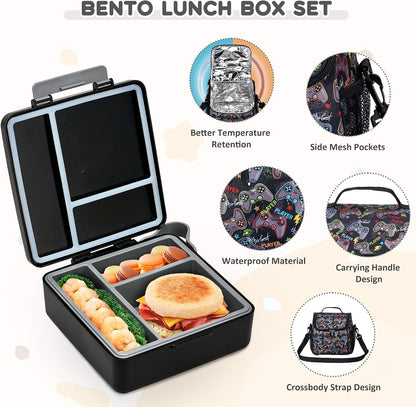 Pawtong Lunch Box Set with Bento Box Container, 17OZ Stainless Steel Food Soup Thermo, Kids Water Bottle & Portable Insulated Lunch Bag, Leakproof, Hot/Cold Retention for School, Travel (Purple-Horse)