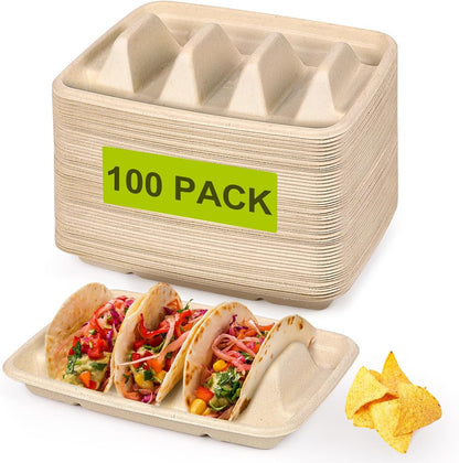 100 Pack Disposable Taco Holders, Disposable Taco Plates with Dividers, Compostable Paper Taco Holder Plates Trays, Taco Bar Serving Set for a Party, Taco Night, Taco Tuesday Decorations