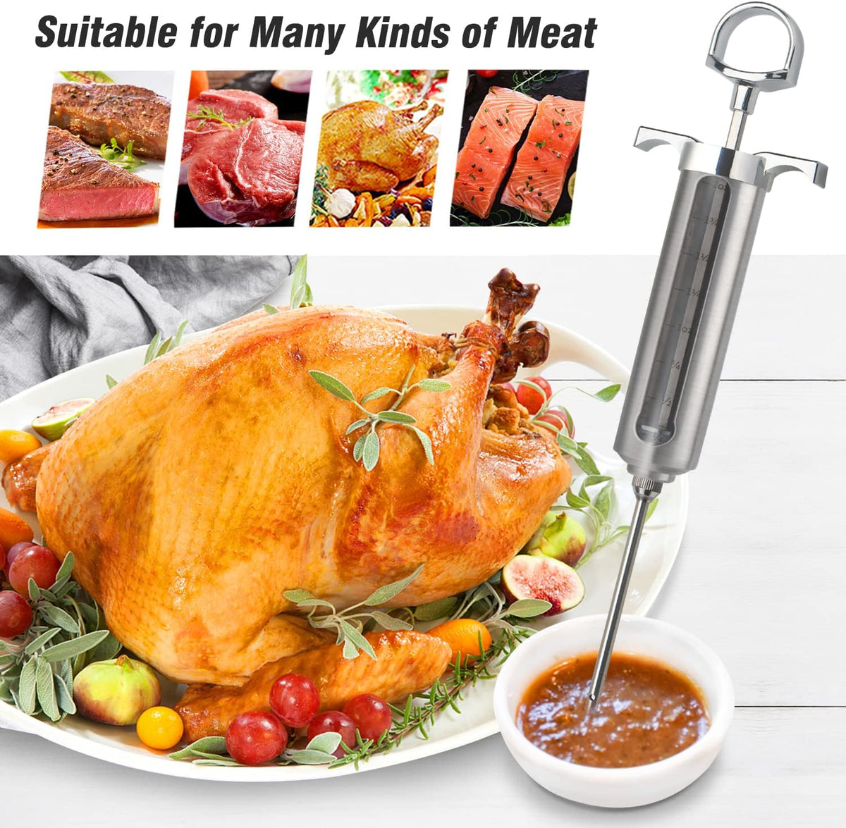 Ofargo Meat Injector Kit for Smoker with 3 Marinade Flavor BBQ Injector Syringe Needles, Injector Marinades for Meats, Turkey, Brisket; 2-oz; Paper and E-Book (PDF) User Manual Included