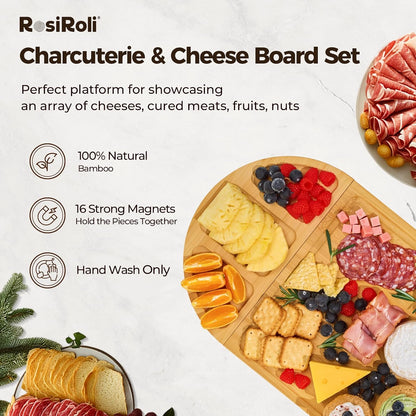 Charcuterie Board and Serving Set -Natural Bamboo Cheese Board Snack Tray Set with Magnetic - House Warming Gifts New Home, Wedding Gift, Bridal Shower Gift, Gifts for Mom & Women