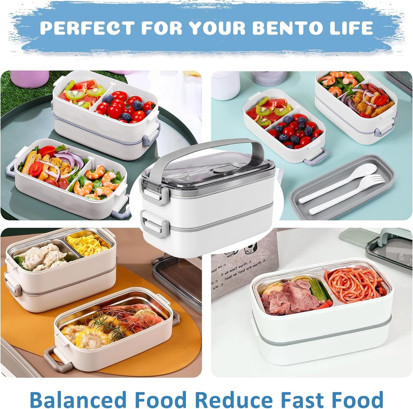 Stainless Steel Bento Box for Adults&Kids,Japanese Leakproof Lunch Box Divided Food Meal Storage Containers Set Stackable 2 Layer for Children School Picnic Beige