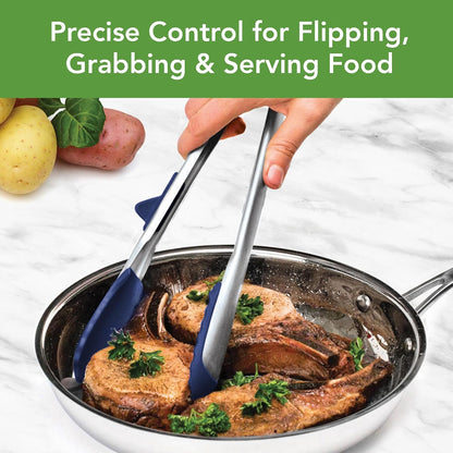 Tovolo Tongs With Silicone Tips Easy Grip 13” Long Kitchen Tongs Stainless Steel Handle For Cooking BBQ, Non Scratch Heat Resistant Locking Metal Silicone Tipped Dishwasher Safe BPA Free, Black