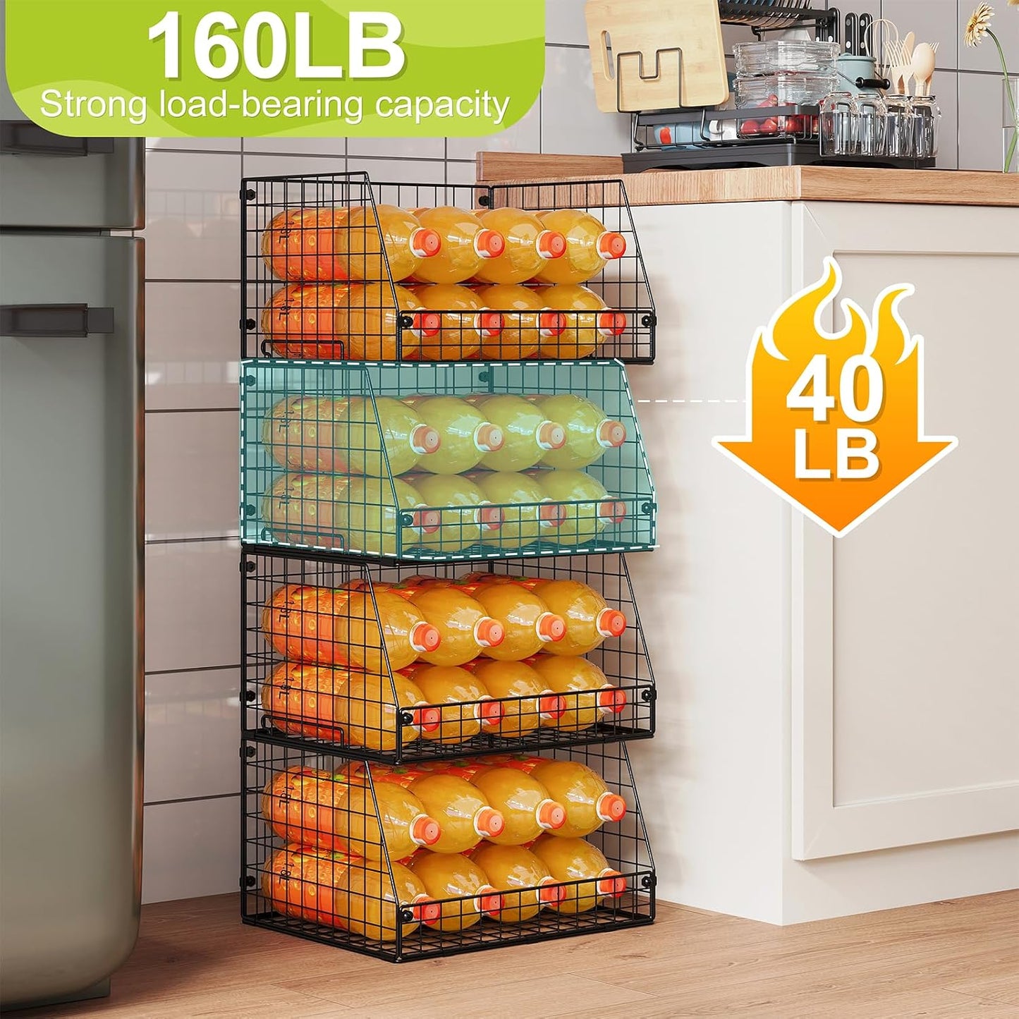 Jakyitvi 4 Pack XXL Stackable Wire Storage Basket, Extra Large Capacity Pantry Organizer and Storage, Muti-Purpose for Vegetable Fruit Basket & Can Organizer & Snack Rack & Metal Pantry Bin