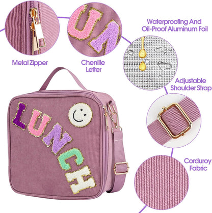 Lunch Box with Bento Box with 4 Compartment, with Leak Proof Thermo Food Jar, Preppy Corduroy Insulated Lunch Bag for Womens Girl Kids Teens School Travel Picnic (Purple)