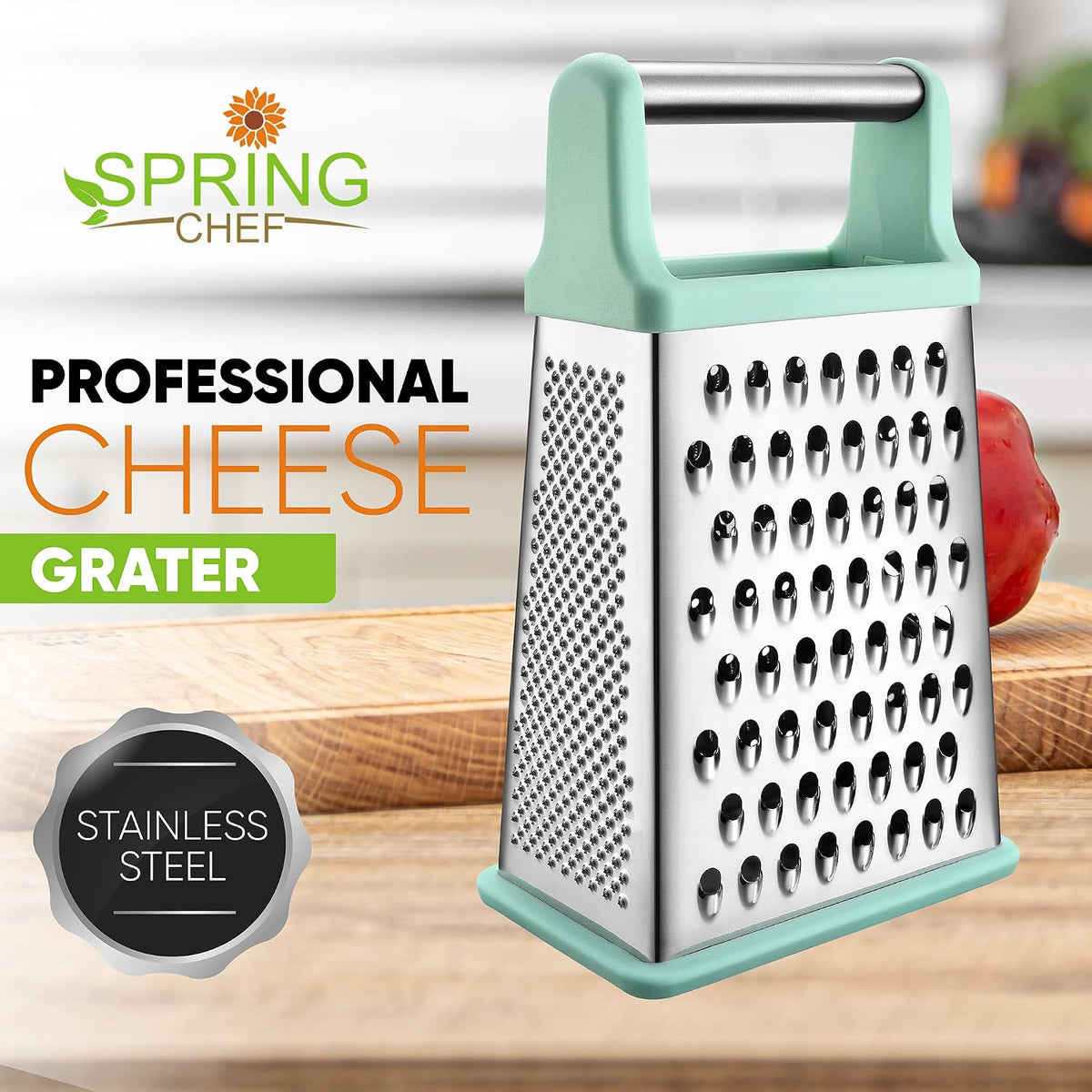 Spring Chef Stainless Steel XL Cheese Grater for Kitchen, Green