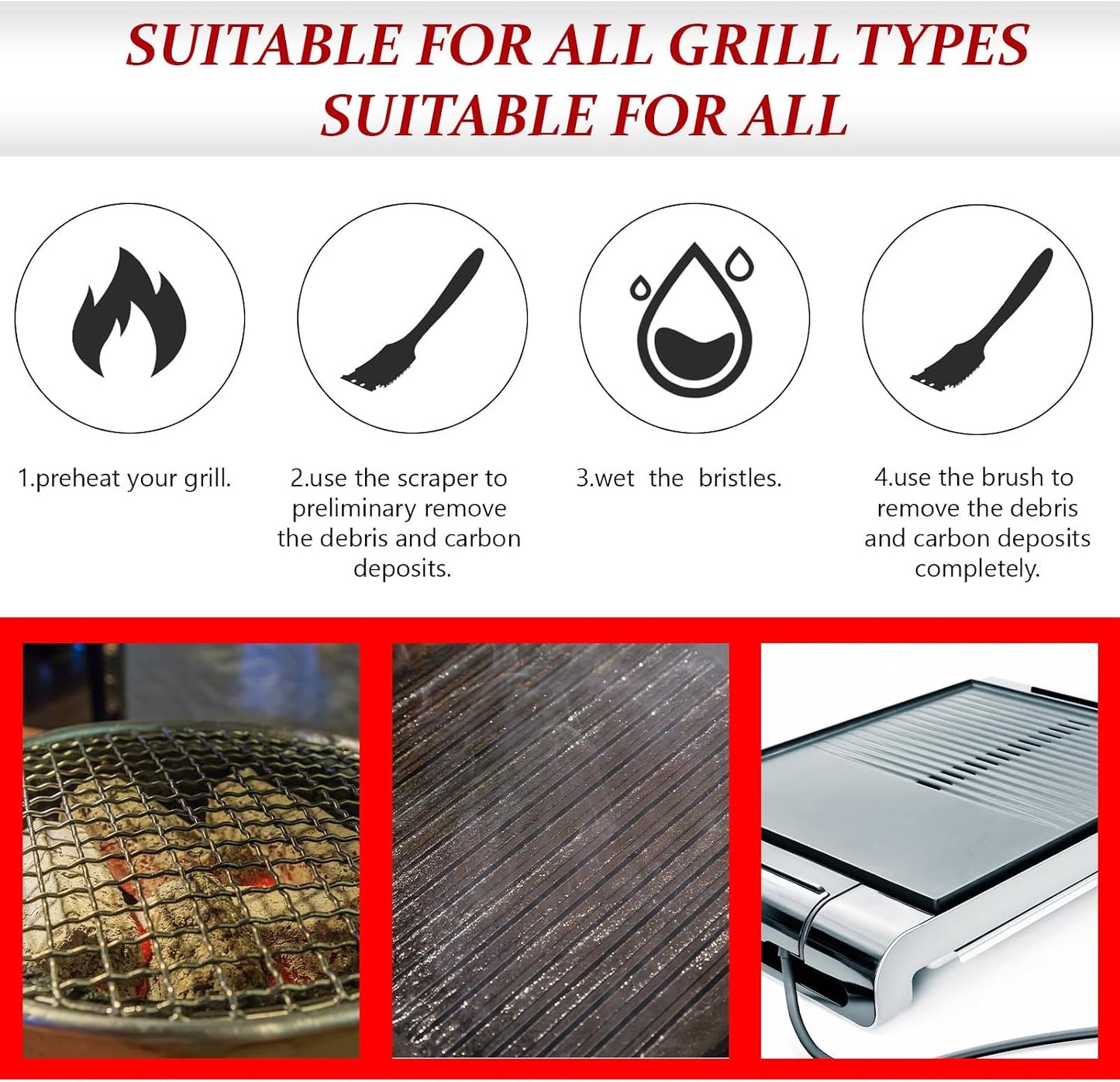 Chengu 2 Pcs 8 Inch BBQ Grill Brush for Outdoor Grill and Scraper Stainless Steel Wire Extra Strong Cleaner Heavy Duty Barbecue Cleaning Brush Cleaner