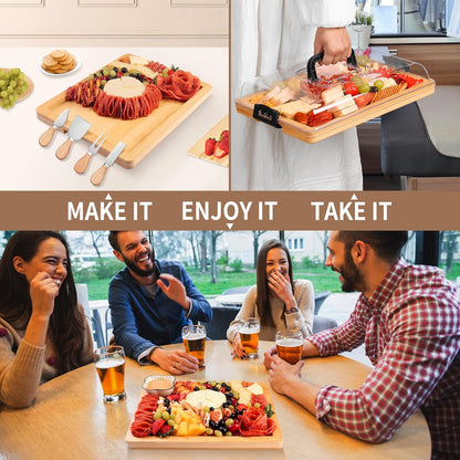 CAWIU Portable Travel Charcuterie Board with Lid and Handle - Large Bamboo Cheese Board with 4 Cheese Knife Set for Outdoor, Picnics - Weddings, House Warming Gift for Women (1 Compartment, White)