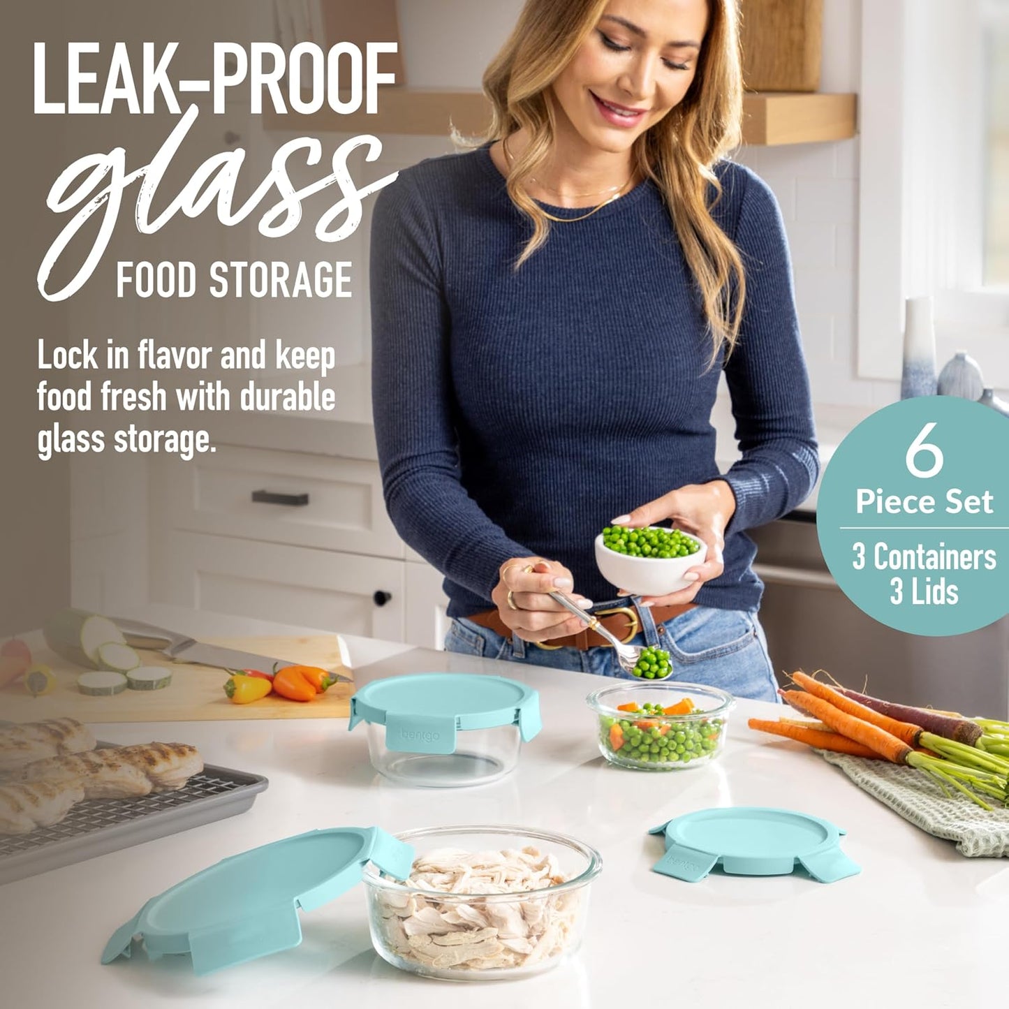 Bentgo Glass Leak-Proof Food Storage Set - 4-Piece Glass Containers with BPA-Free Airtight Lids, Reusable & Durable for Leftovers & Meal Prep - Microwave, Freezer, Oven & Dishwasher Safe (Soft Aqua)