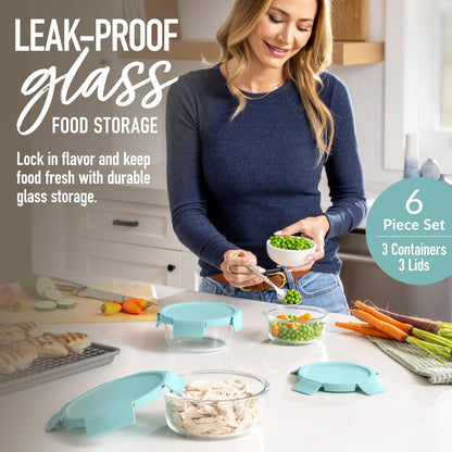 Bentgo Glass Leak-Proof Food Storage Set - 4-Piece Glass Containers with BPA-Free Airtight Lids, Reusable & Durable for Leftovers & Meal Prep - Microwave, Freezer, Oven & Dishwasher Safe (Soft Aqua)