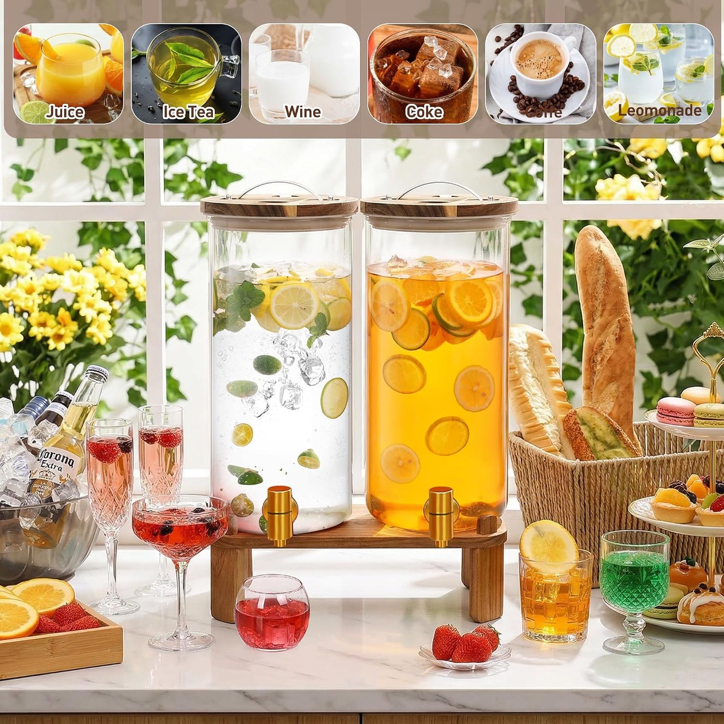 2 Pack 2 Gallon Large Drink Dispenser with Wooden Stand, Glass Beverage Dispenser with Stainless Steel Spigot, Water Drink Dispensers for Lemonade, Juice, Cocktails, Tea, and Party Drinks