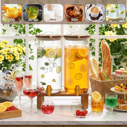 2 Pack 2 Gallon Large Drink Dispenser with Wooden Stand, Glass Beverage Dispenser with Stainless Steel Spigot, Water Drink Dispensers for Lemonade, Juice, Cocktails, Tea, and Party Drinks