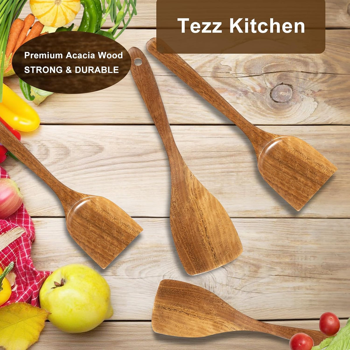 Wooden Spatulas, Natural Acacia Wooden Cooking Utensils Set for Non-stick Pan Kitchen Tool, flipping and Wok Spatula, Wooden Spoons & Spurtle for Cooking