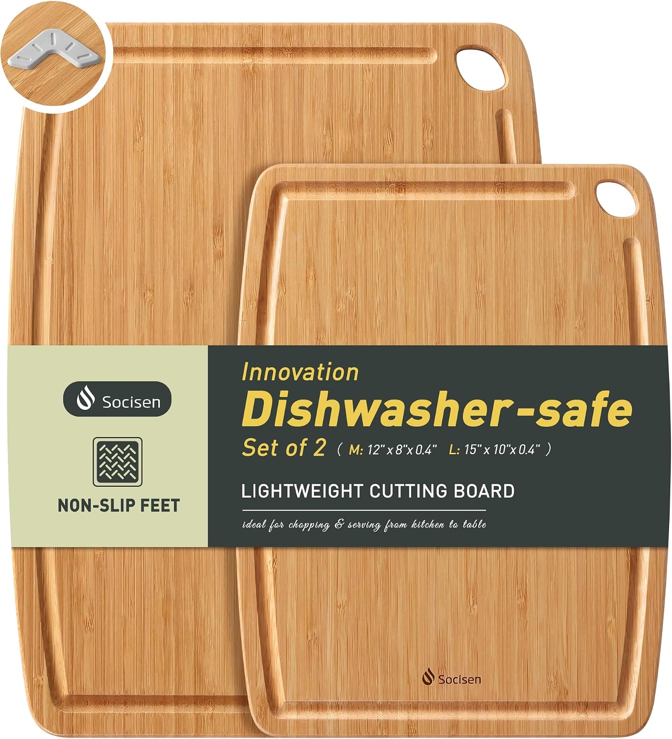 Lightweight Durable Bamboo Cutting Board Set with Non-Slip Feet, Wood Cutting Board for Busy Kitchen, Easy Clean Wooden Chopping Boards with Juice Groove Best House Warming Gift Set of 3 (S+M+L)
