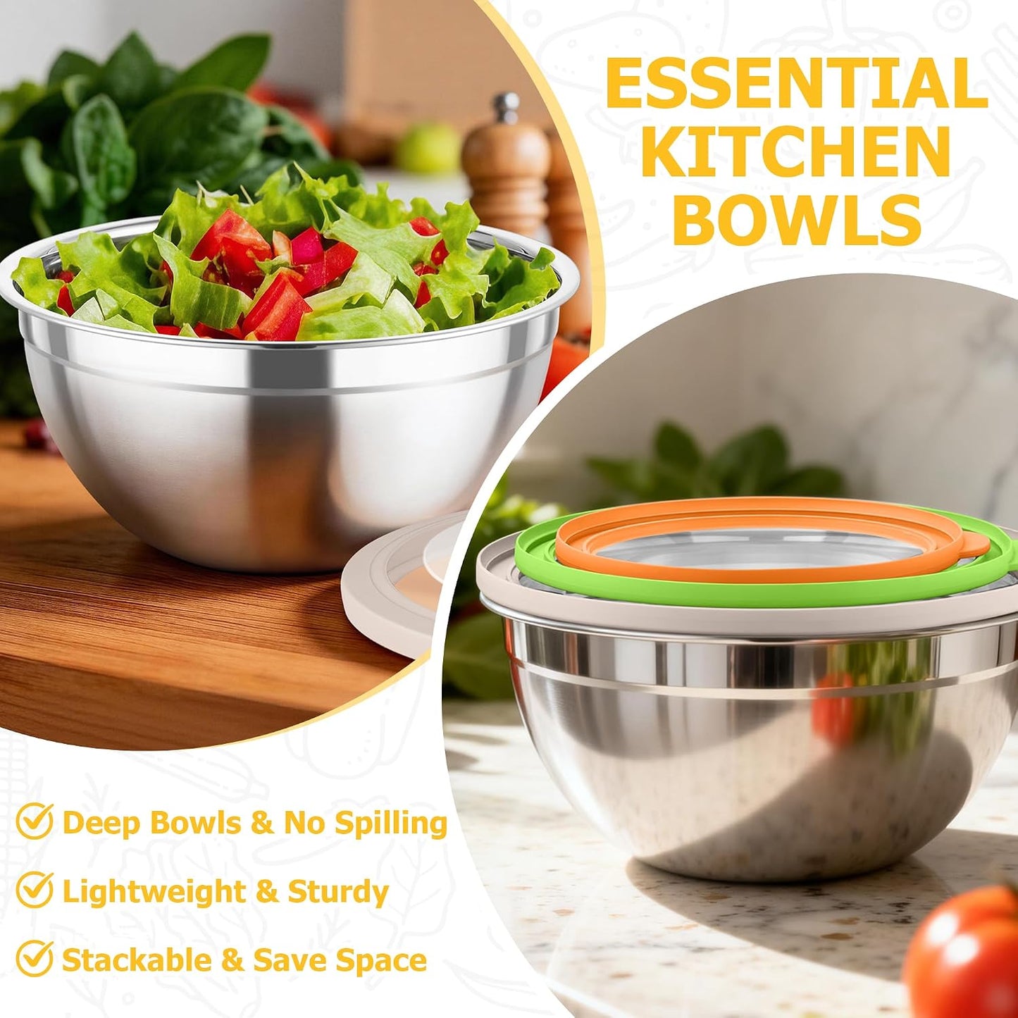 TeamFar Mixing Bowls with Lids, 4.5/3/1.5 QT Stainless Steel Nesting Salad Bowls with Airtight Lids, For Serving/Mixing/Storing/Prepping, Healthy & Sturdy, Visible & Easy Clean, Khaki, Set of 3