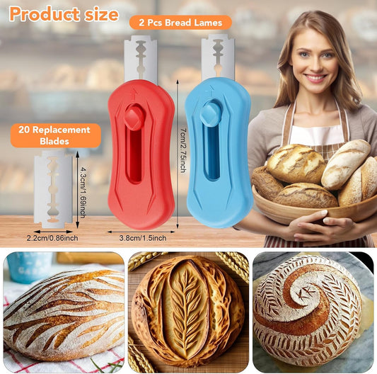 SUMAJU Bread Knives 2 Pcs Bread Lame Dough Scoring Tool with 20 Stainless Razor Blades Red Blue Handle for Sourdough Baguette Home Baking