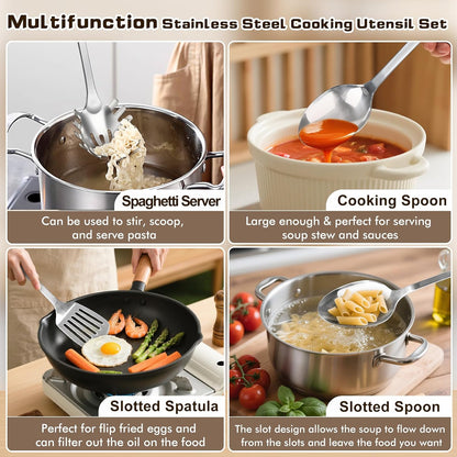 9 Pcs Cooking Utensils Set, Stainless Steel Kitchen Utensils, Heat Resistant Metal Kitchen Tools Include Solid & Slotted Spatula, Serving Spoon, Ladle, Pasta Server,Potato Maseher, Egg Whisk, Silver