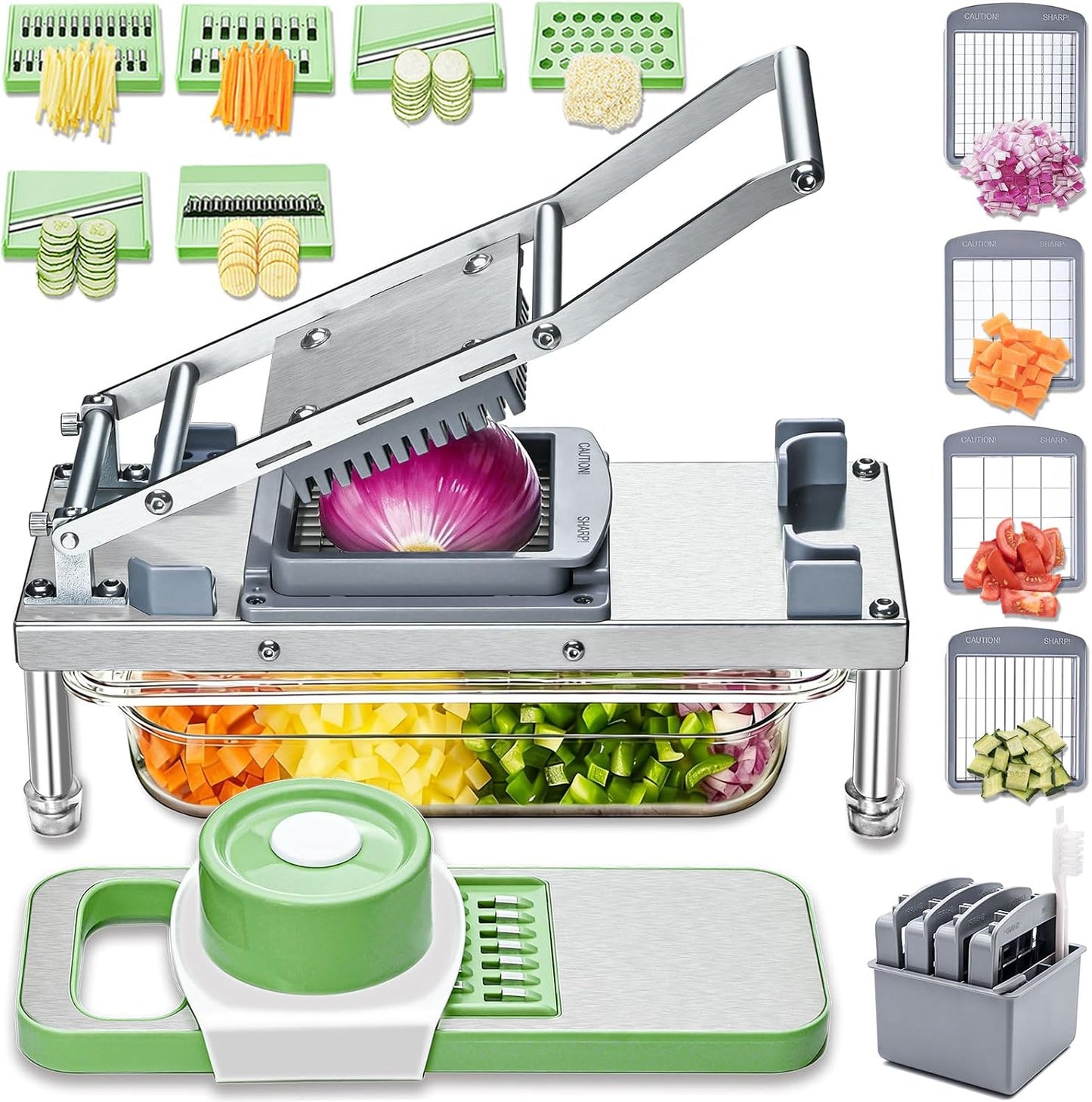 All-in-1 Vegetable Chopper with 8 Blades - Mandoline Slicer-Pro Food Chopper with Container - Veggie Salad Onion Chopper - Potato Dicer French Fry Cutter - Cheese Grater - Stainless Steel material