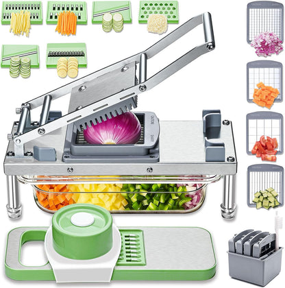 All-in-1 Vegetable Chopper with 8 Blades - Mandoline Slicer-Pro Food Chopper with Container - Veggie Salad Onion Chopper - Potato Dicer French Fry Cutter - Cheese Grater - Stainless Steel material