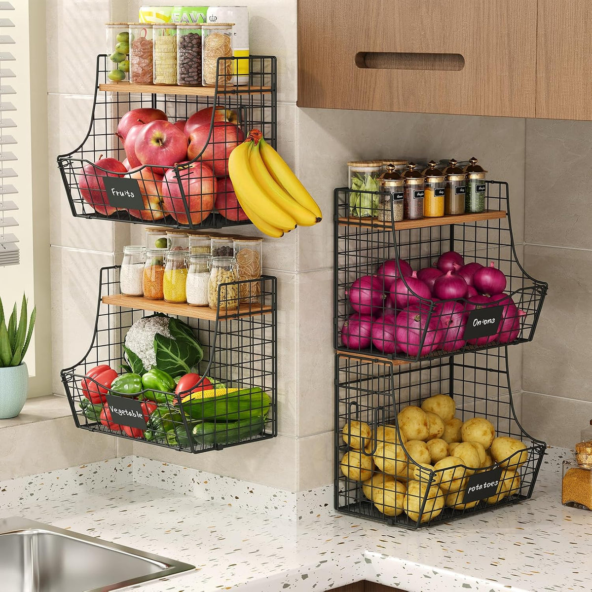 3 Pack Extra Large Fruit Basket for Kitchen with Wood Lid Nameplate - Counter&Wall Mounted Onion and Potato Storage Bin, Stackable Metal Hanging Wire Baskets,15.74 * 8.66 * 10.63 inch