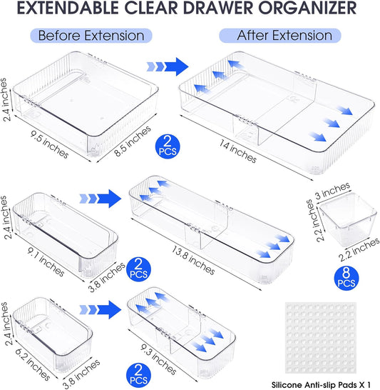 Aneco 14 Pieces Extendable Clear Drawer Organizer Adjustable Vanity Storage Box 4-Size Desk Drawer Divider Acrylic Storage Bins for Makeup, Cosmetic, Jewelries, Bedroom Kitchen Utensils Gadgets