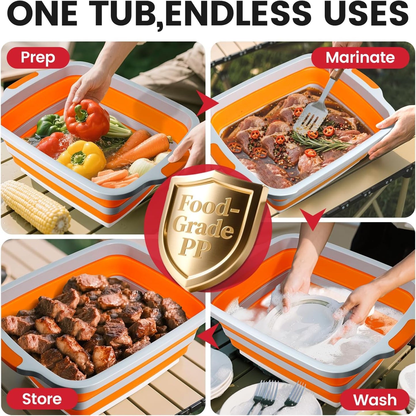 BBQ Prep Tub 3-IN-1 Large 16L Collapsible Cutting Board with Locking Lid for Meal Prep Marinating Food, Camping Sink with Colander, Dish Basin, Storage Blanket for Camping Picnic BBQ, Black