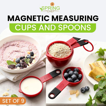 Spring Chef Magnetic Measuring Cups and Spoons Set of 9, Nesting Kitchen Tool with Easy to Read Markings for Measuring Dry or Liquid Ingredient, BPA Free, Black