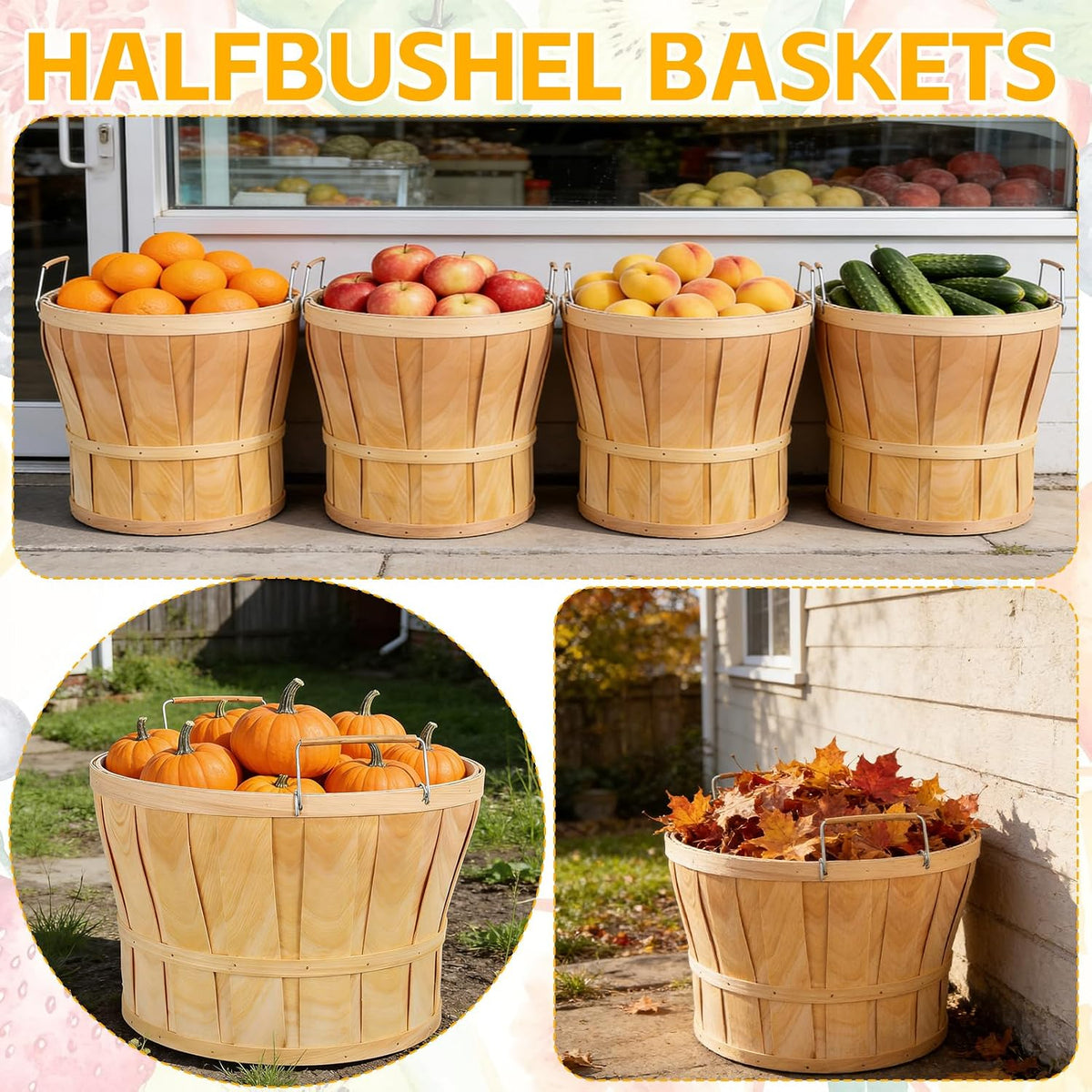 5 Pack Jumbo Half Bushel Baskets 14 x 9.5 Inch, Large Natural Wooden Harvest Apple Baskets with Handles for Harvest Fruit Plants, Farmers Market, Produce, and Home Storage Use