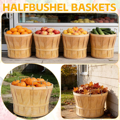 5 Pack Jumbo Half Bushel Baskets 14 x 9.5 Inch, Large Natural Wooden Harvest Apple Baskets with Handles for Harvest Fruit Plants, Farmers Market, Produce, and Home Storage Use