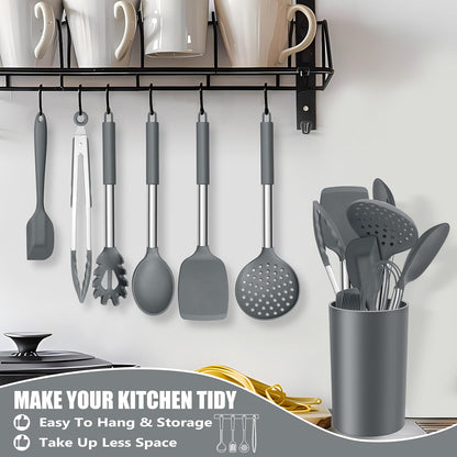 E-far 14 Pieces Silicone Cooking Utensils Set, Kitchen Utensils Set with Holder, Spatula, Ladle, Spoon, Tong, Slotted Turner for Nonstick Cookware, Heat Resistant & Stainless Steel Handle, Black