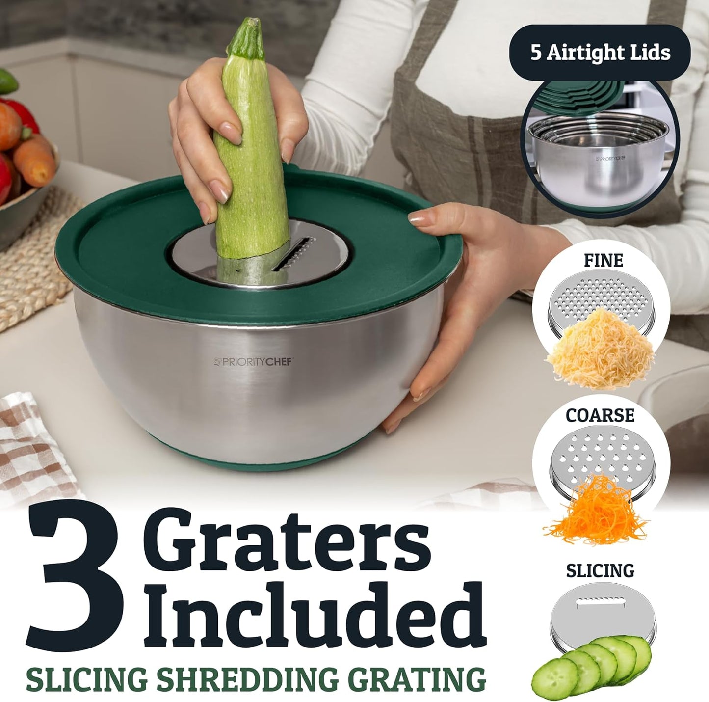 Priority Chef Stainless Steel Mixing Bowls with Lids Set, 3 Grater Attachments, Airtight Lids, Non-Slip Silicone Base Mixing Bowl Set, Large Prep Metal Mixing Bowls for Kitchen, Black