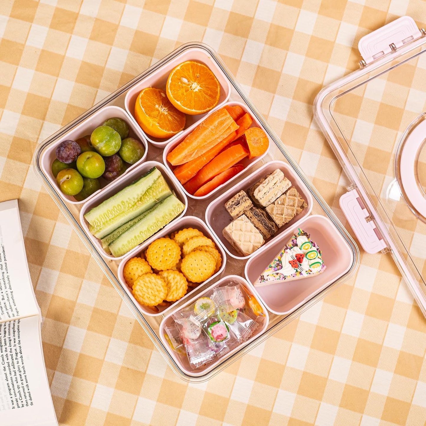Dingerjar Divided Serving Tray with Lid and Handle - Snackle Box Charcuterie Container for Portable Snack Platters - Clear Organizer for Candy, Fruits, Nuts, Snacks - Perfect for Party, Entertaining