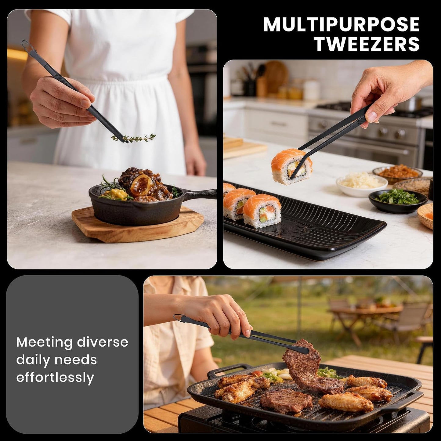3 Pcs Cooking Tweezers Set, 8" 12" Food Grade 304 Stainless Steel Kitchen Tweezers with Straight & Angled Serrated Tips, Fingerprint-Proof Precision Tongs for BBQ, Plating, Aquascaping