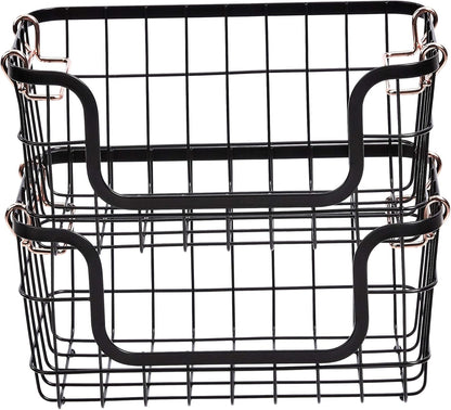 Amazon Basics Stackable Metal Wire Rectangular Storage Baskets for Kitchen, Bathroom or Pantry Organizing, 2 Count, Black