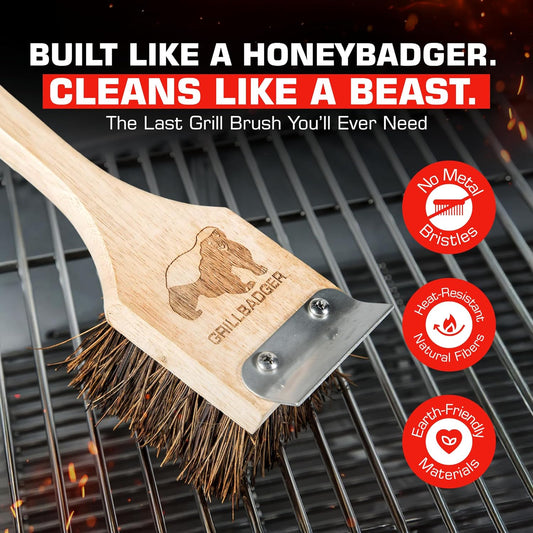 The Original Non Metal Grill Brush for Outdoor Grill | High Temp Heat Resistant BBQ Cleaning Brush | Long Lasting Wooden BBQ Cleaner with Scraper, Safe for Cast Iron Grates - Natural Wood