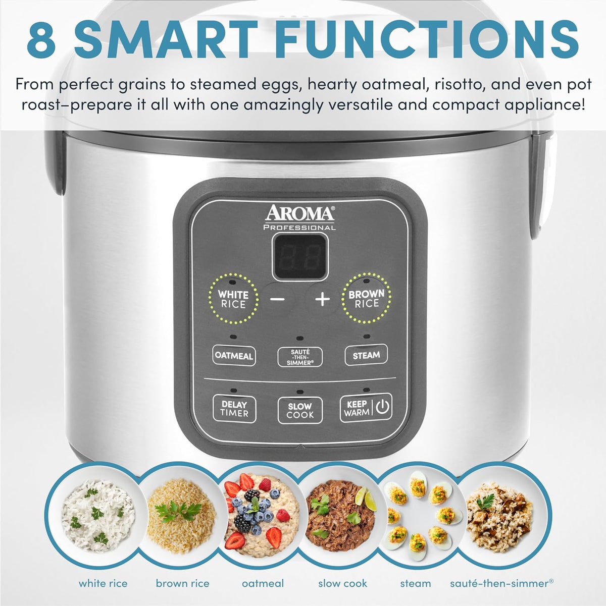 AROMA Digital Rice Cooker, 4-Cup (Uncooked) / 8-Cup (Cooked), Steamer, Grain Cooker, Multicooker, 2 Qt, Stainless Steel Exterior, ARC-914SBD