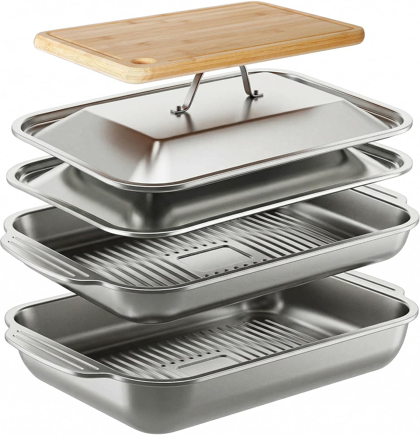 Grilling Prep and Serve Trays,Stainless Steel Large Capacity Food Prep Trays, Grill Carry System with Lid and Cutting Board, Marinade Container for Outdoor BBQ Grill Accessories, Camping Gifts for Men
